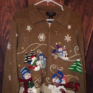 Planet And Company Women’s Large Christmas Holiday Snowman Zip Up Sweater